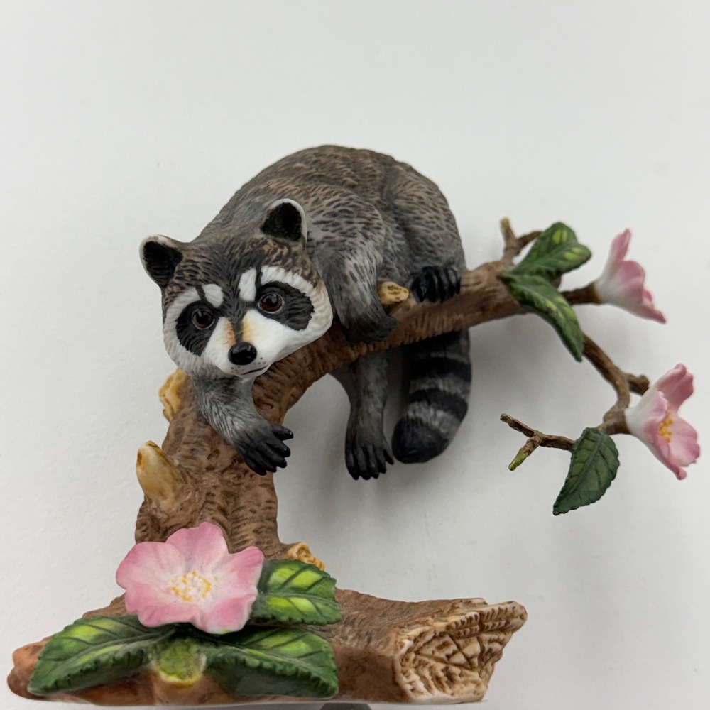Lenox Twilight Mischief Raccoon Figurine 1990 Porcelain Pink Flowers